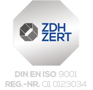 ZDH ZERT: Zertifiziert nach DIN EN ISO 9001, Registriernummer Q1 0123034